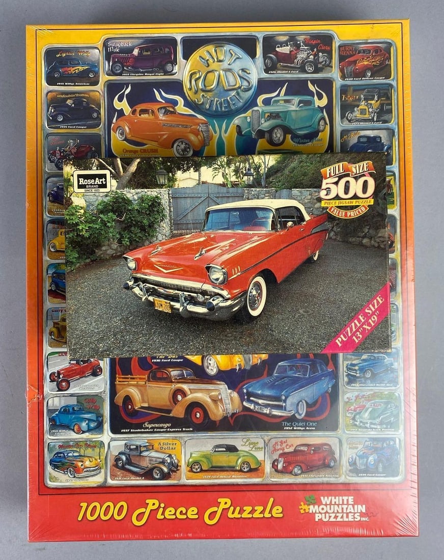 Group of 2 Classic American Cars Puzzles: Largest measures H 2 x W 11 1/2 x L 15 1/2 inches.