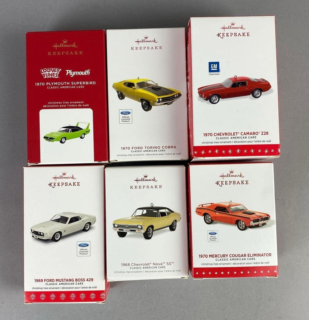 Group of 6 Hallmark Keepsake Classic American Cars Ornaments: Like new in original packaging. 1:64 Scale.