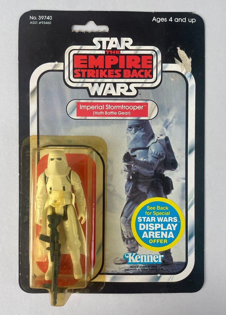 1982 Kenner Star Wars Imperial Stormtrooper Empire Strikes Back Action Figure: Hoth battle gear, sticker tear, wrinkles at top