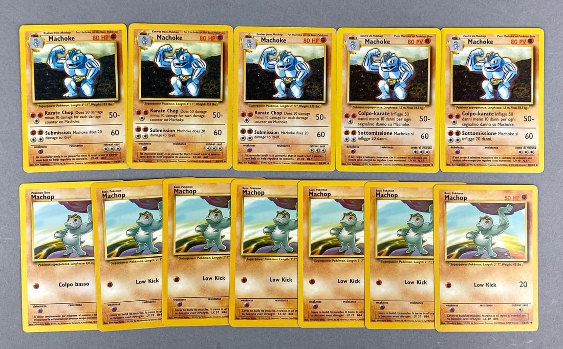Group of 1999 WOTC Pok?mon Base Set Trading Cards LP: Wizards of the coast, not sleeved, Includes Machop and Machoke with duplicates, lightly played