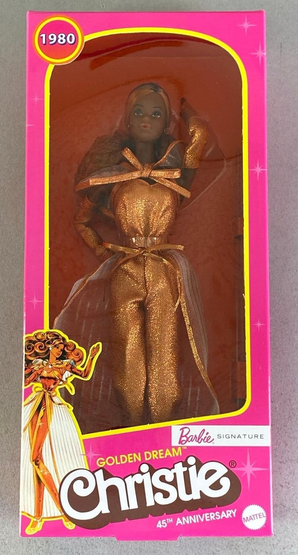 Mattel Barbie Golden Dream Christie Fashion Doll: 45th anniversary, like new in original box and shipping box, doll measures 11 1/2? H