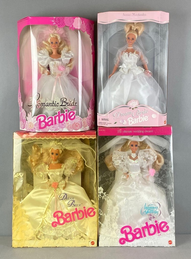 Group of 4 Mattel Barbie Bride Fashion Dolls: All are in original packaging. One window has yellowed. Includes Romantic Bride, Wedding Fantasy and 2 Dream Brides
