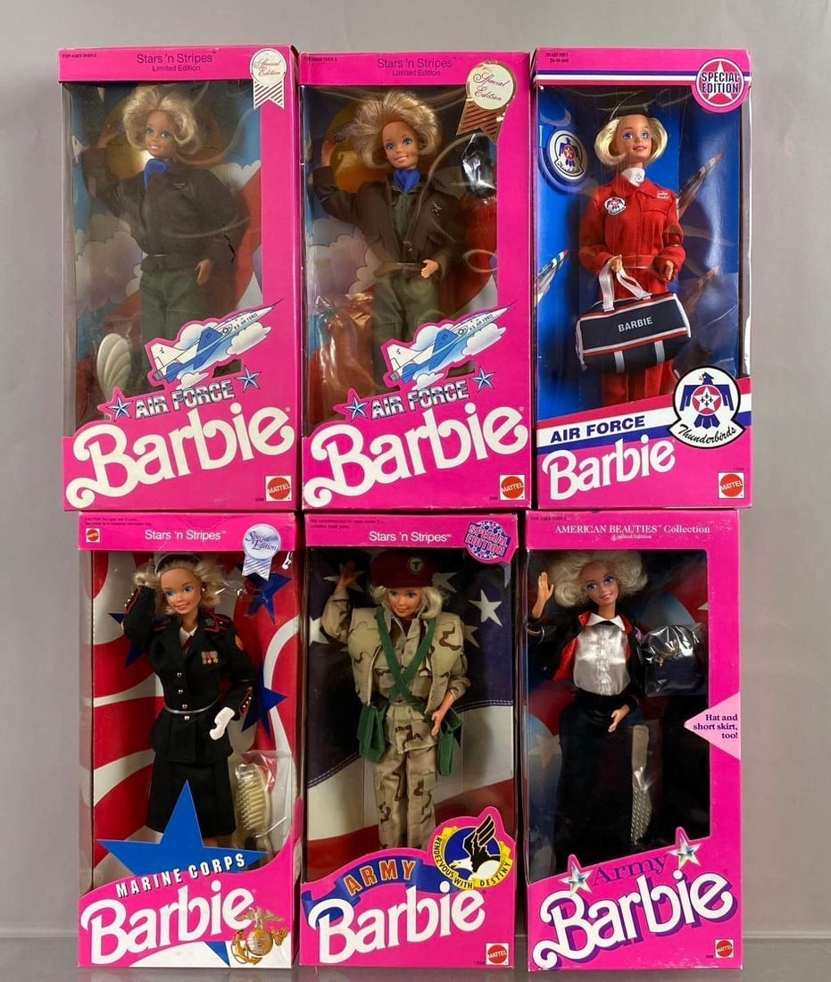 Group of 6 Mattel Military Theme Barbie Fashion Dolls: Army, Air Force, and more. Mild wear throughout. New in packaging. Circa 90?s