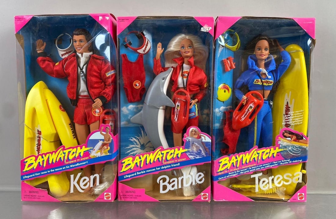 Group of 3 Mattel Baywatch Barbie Fashion Dolls: includes Ken, Barbie, and Teresa. Mild Wear throughout. New in packaging. Circa 90?s