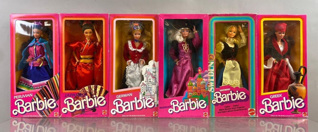 Group of 6 Mattel World Barbie Fashion Dolls: Includes Japan, German, and more. Mild wear throughout. New in packaging. Circa 80?s