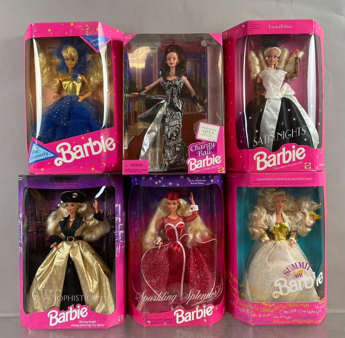 Group of 6 Mattel Barbie Fashion Dolls: Includes Satin Nights, Summit, and more. Mild wear throughout. New in packaging. Circa 90?s some broken plastic packaging.