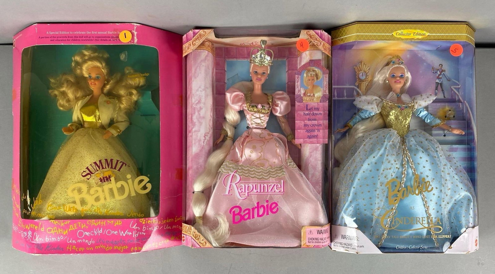 Group of 3 Mattel Barbie Fashion Dolls: Inclufrs summit, Rapunzel and Cinderella, like new in boxes