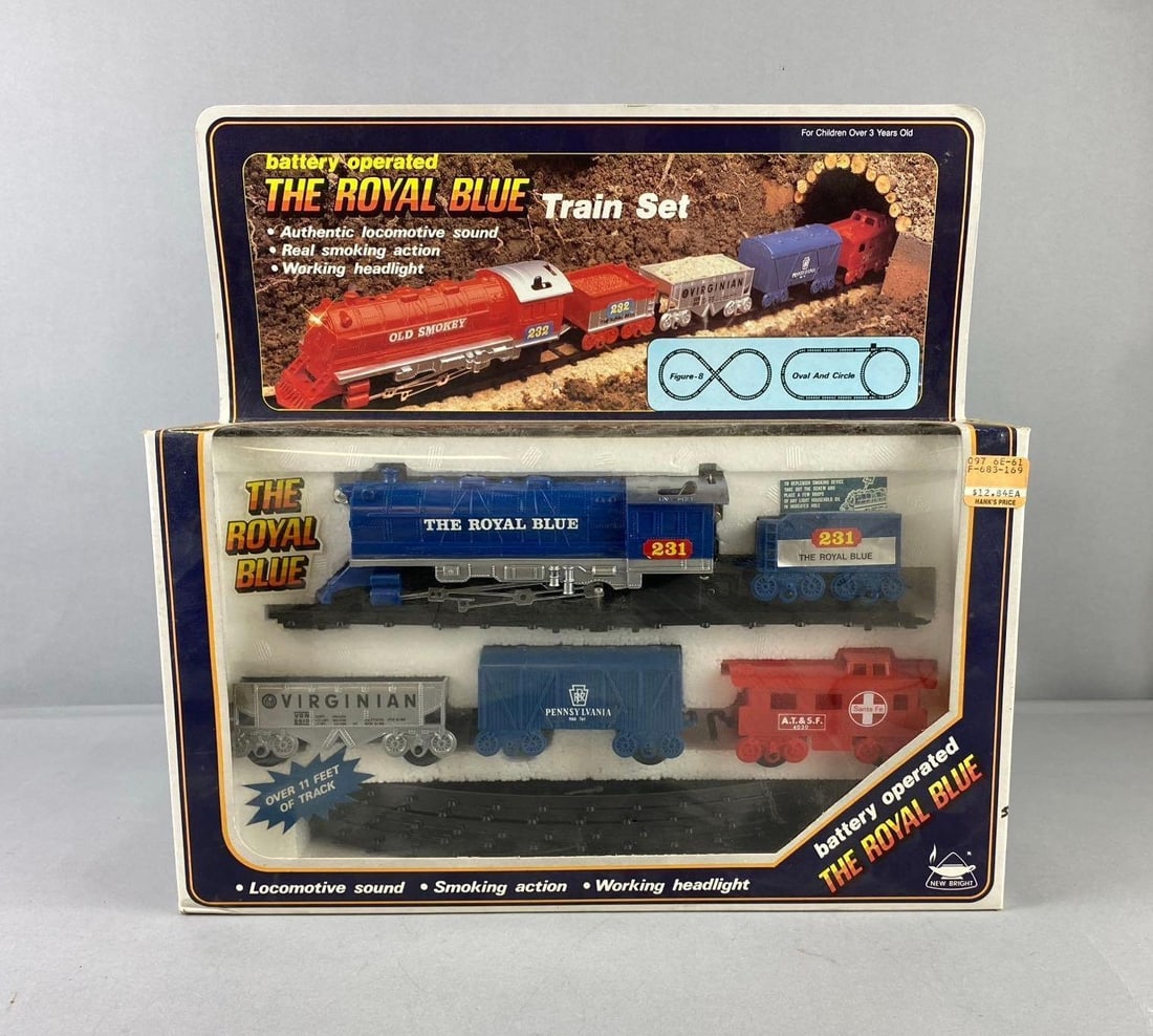 1986 New Bright The Royal Blue Train Set: Untested. Like new in original packaging. Packaging measures H 8 x W 4 x L 14 inches.