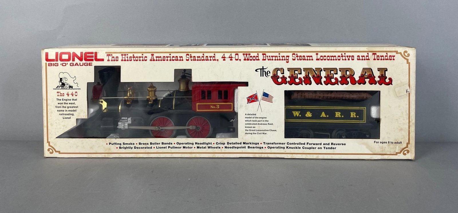 Lionel O Scale The General 4-4-0 Wood Burning Steam Locomotive and Tender: W&ARR no. 3, original packaging