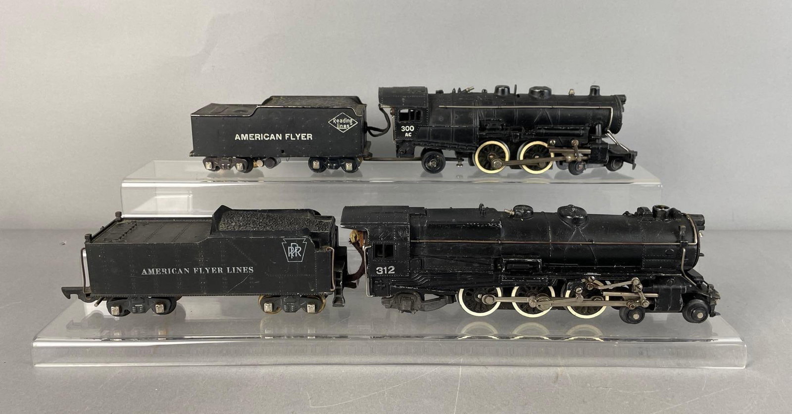 Group of 2 American Flyer O Scale Steam Locomotives with Tenders: Includes 300 AC reading lines, no. 312 Pennsylvania, untested