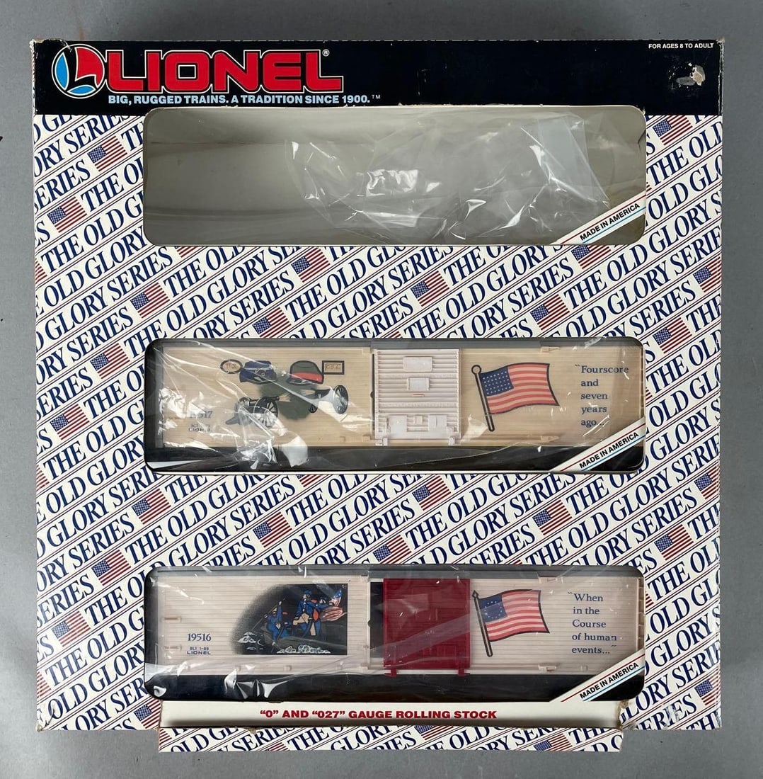 Group of 2 Lionel O Scale The Old Glory Series Boxcars: 2 of 3 train cars in original packaging, box measures 13 1/4" x 13 1/4" x 2 3/4"