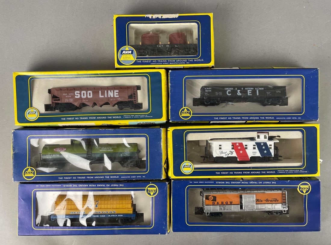Group of AHM HO Scale Train Cars: Includes spirit of 76 caboose, tankers, original boxes