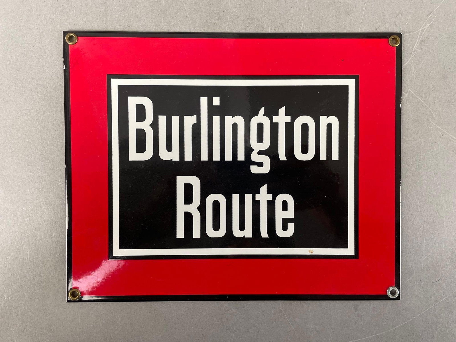 Burlington Route Railroad Porcelain Enamel Sign: Measures 8" x 12"
