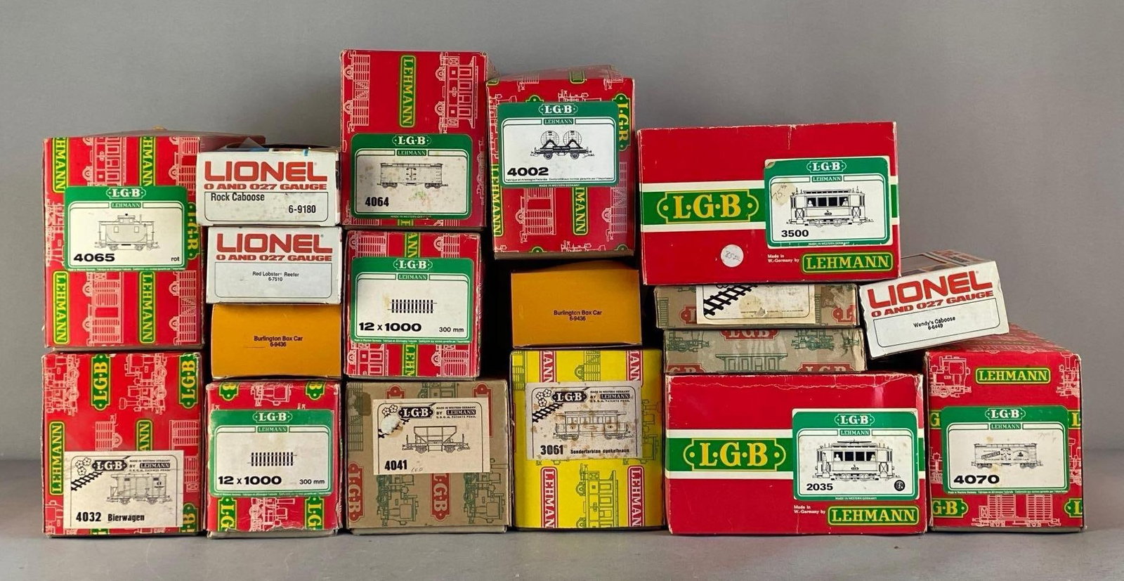 Group of EMPTY LGB HO Scale ModelTrain Boxes and More: Includes wendys caboose, rock caboose and more, longest box measures 20? in length