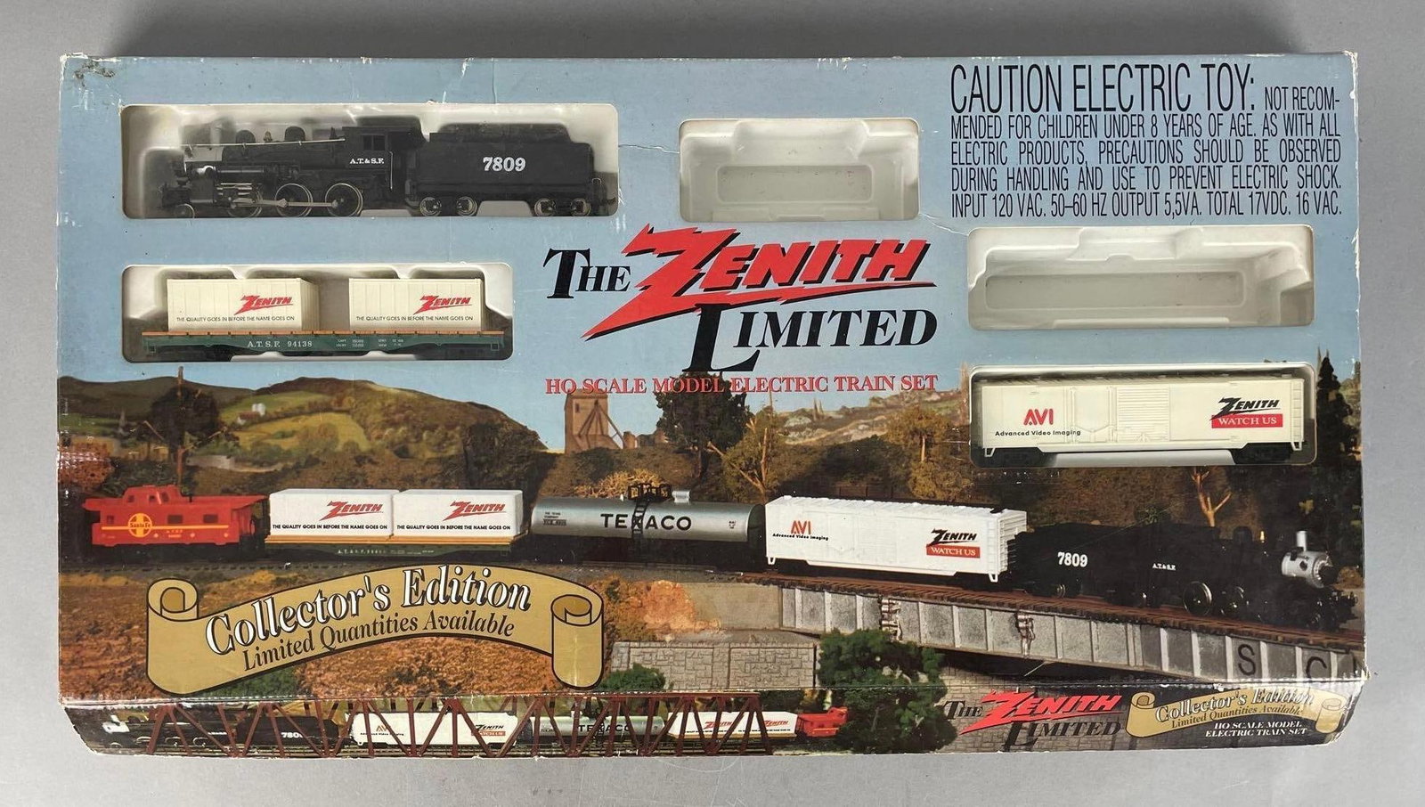 The Zenith Limited HO Scale Partial Electric Train Set: Missing several parts, includes AT&SF steam locomotive and tender, tracks, box measures 13 1/2" x 27 1/4" x 2"