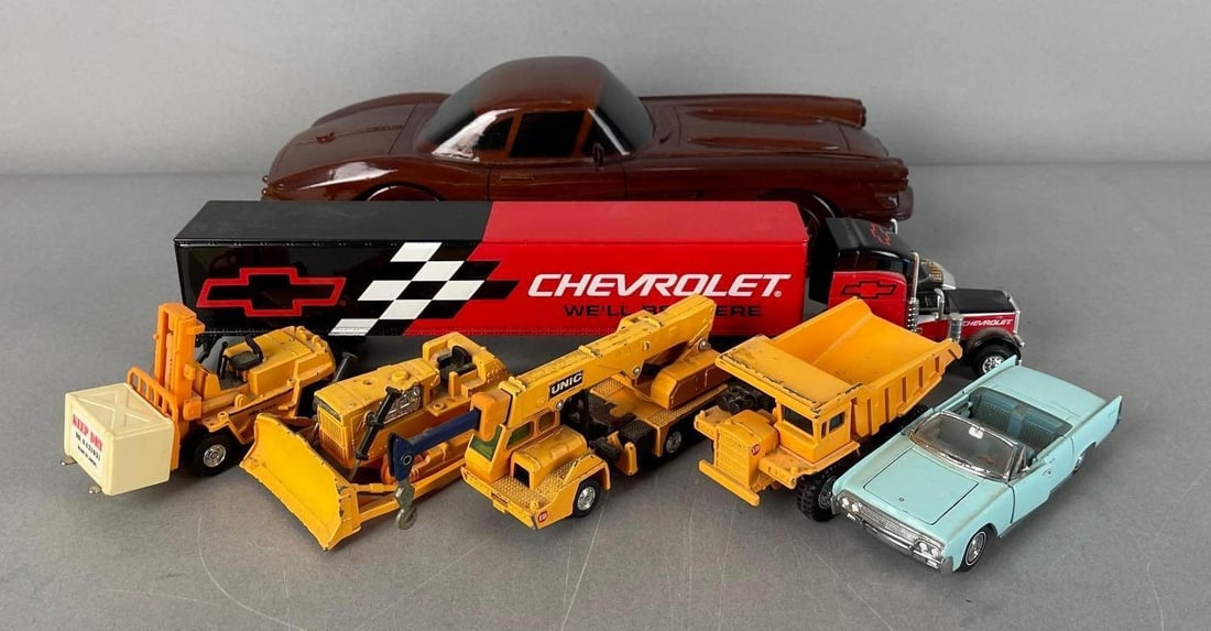 Group of Tomica Dandy Die-Cast Construction Equipment and More: Includes Franklin mint continental, spec cast Chevy tractor trailer, wood car measures 13"
