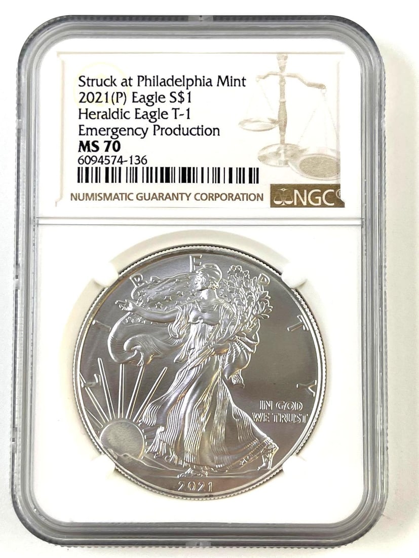 2021 (P) American Silver Eagle NGC MS70 Emergency Production Heraldic Eagle T-1 1 oz .999 fine: 2021 (P) American Silver Eagle NGC MS70 Emergency Production Heraldic Eagle T-1 1 oz .999 fine silver coin