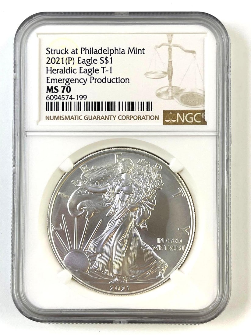2021 (P) American Silver Eagle NGC MS70 Emergency Production Heraldic Eagle T-1 1 oz .999 fine: 2021 (P) American Silver Eagle NGC MS70 Emergency Production Heraldic Eagle T-1 1 oz .999 fine silver coin