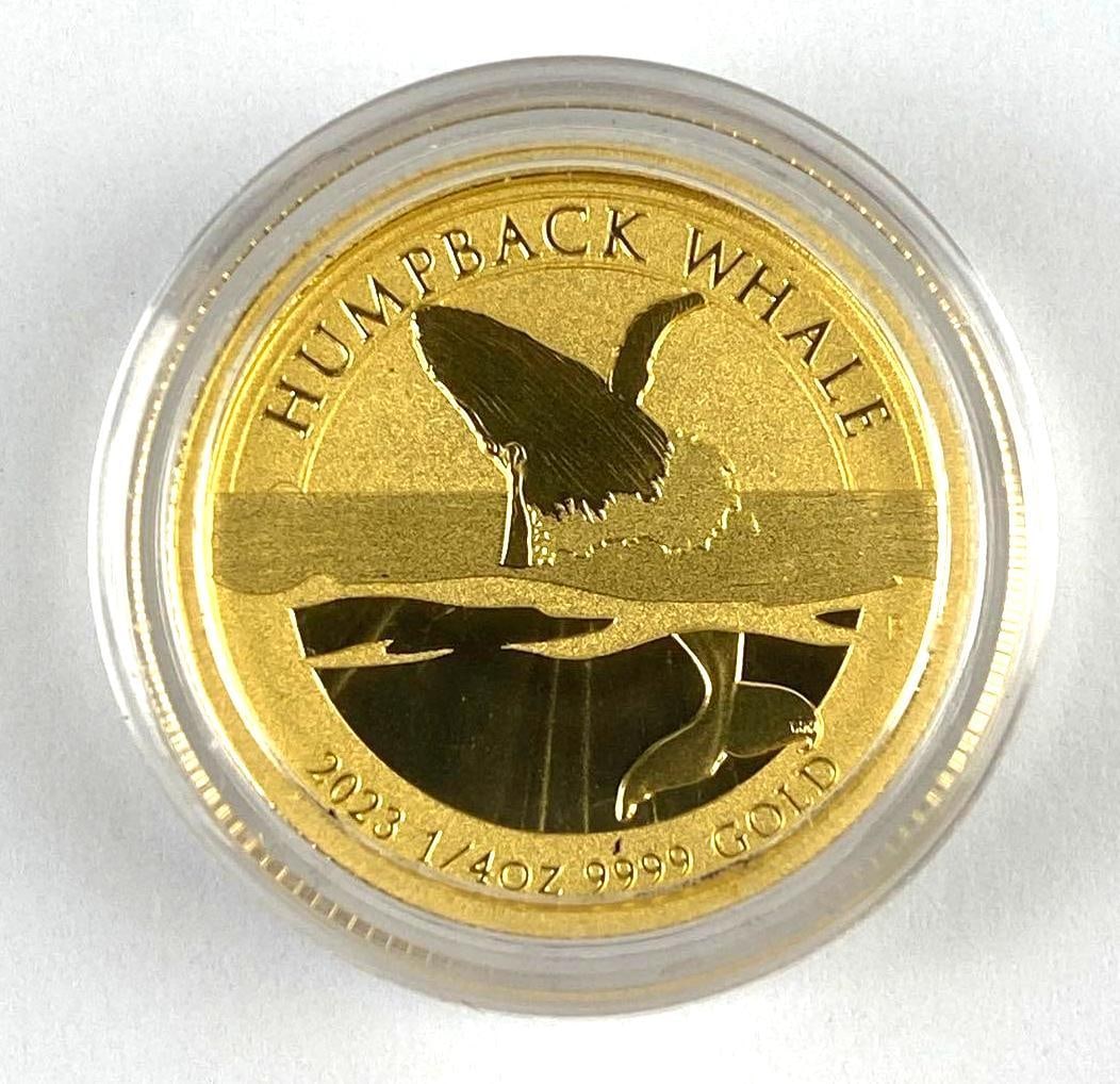 Australia Perth Mint 2023 Humpback Whale 1/4 oz .9999 Fine Gold Queen Elizabeth Round: 2023 Humpback Whale 1/4 oz .9999 Fine Gold Queen Elizabeth Round