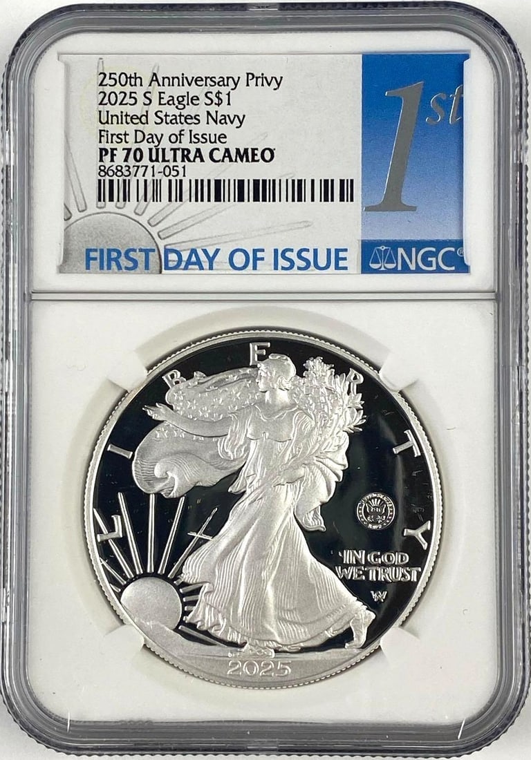2025 S US 1 Oz American Silver Eagle NGC PF70 Ultra CAMEO: 250th Anniversary PrivyUSNFirst Day of Issue