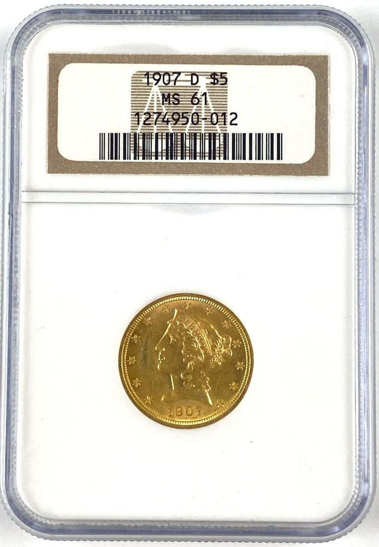 1907 D $5 US Liberty Head Gold Coin NGC MS61: 1907 D $5 US Liberty Head Gold Coin NGC MS61