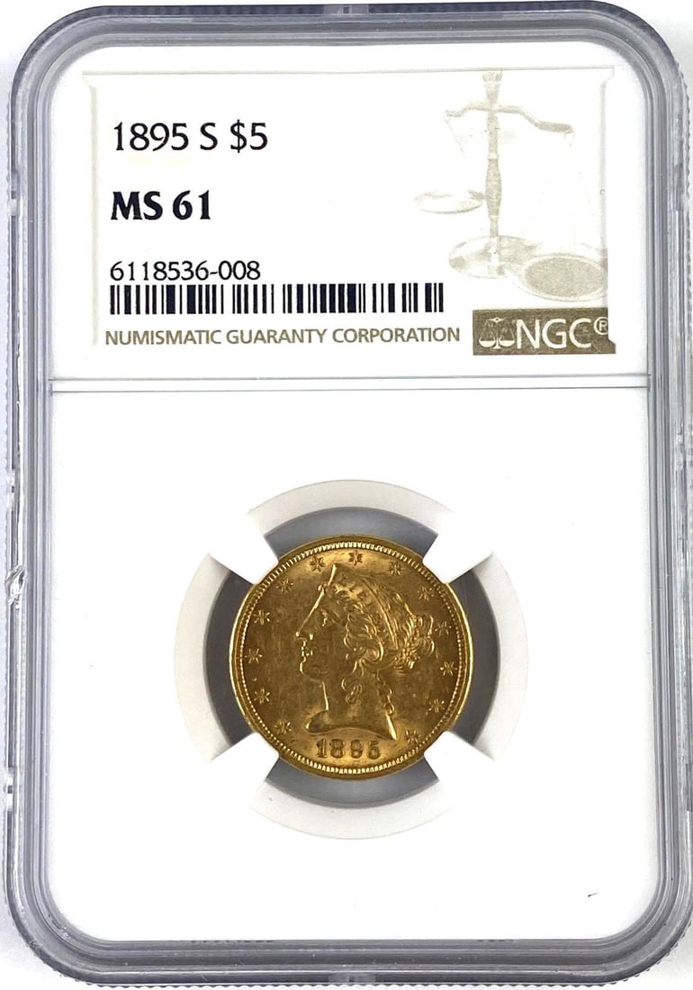 1895 S $5 US Liberty Head Gold Coin NGC MS61: 1895 S $5 US Liberty Head Gold Coin NGC MS61