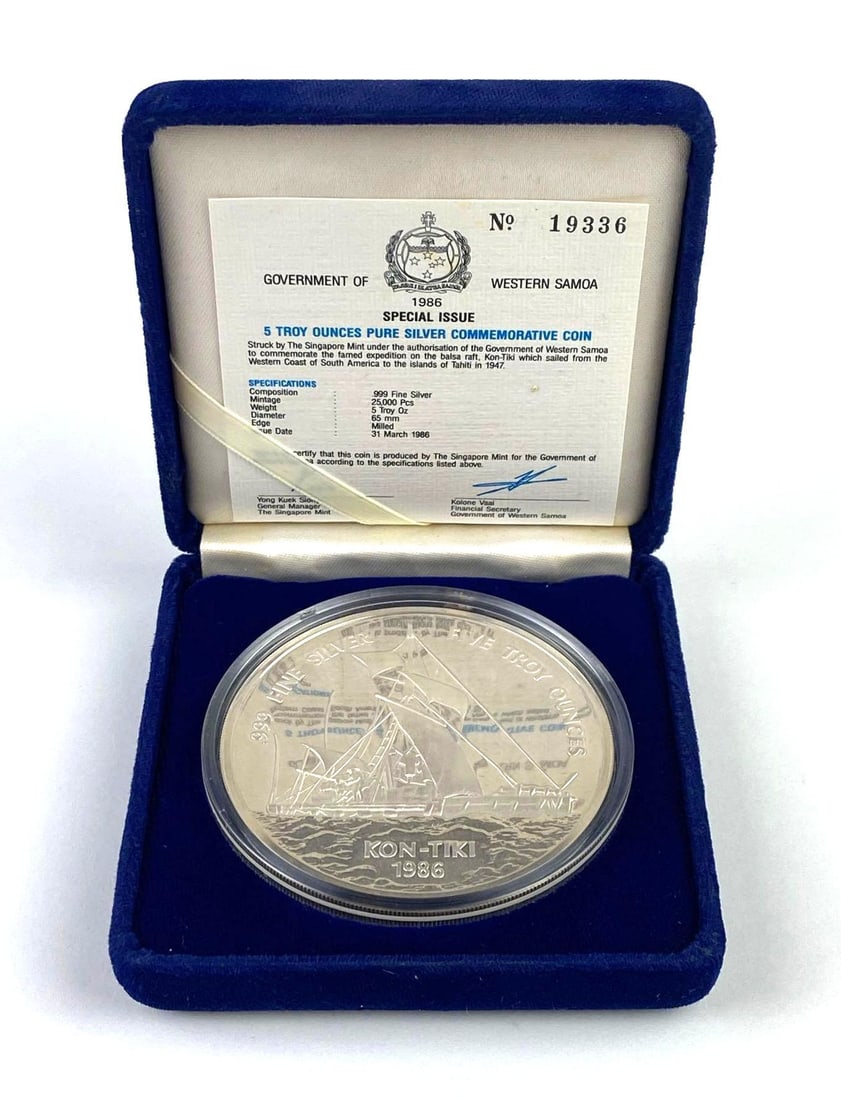 1986 Singapore Mint Kon Tiki 5 Oz .999 Fine Silver Samoa Round (1 of 3)