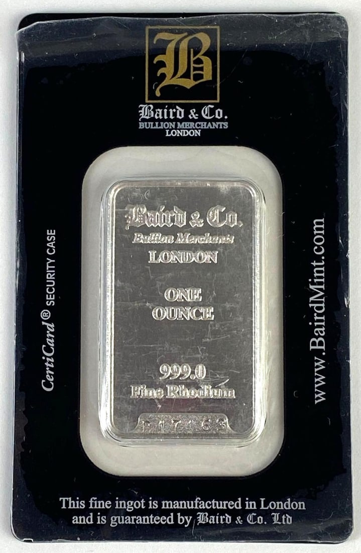 RARE Baird and Co. 1oz .999 Rhodium Ingot/Bar: No. R17163.