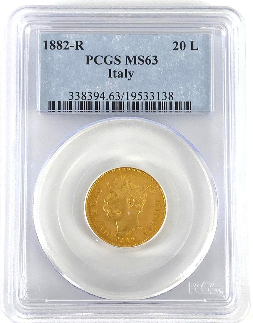 PCGS Graded 1882-R Italy 20 Lira Umberto I Gold Coin MS63: PCGS Graded 1882-R Italy 20 Lira Umberto I Gold Coin MS63