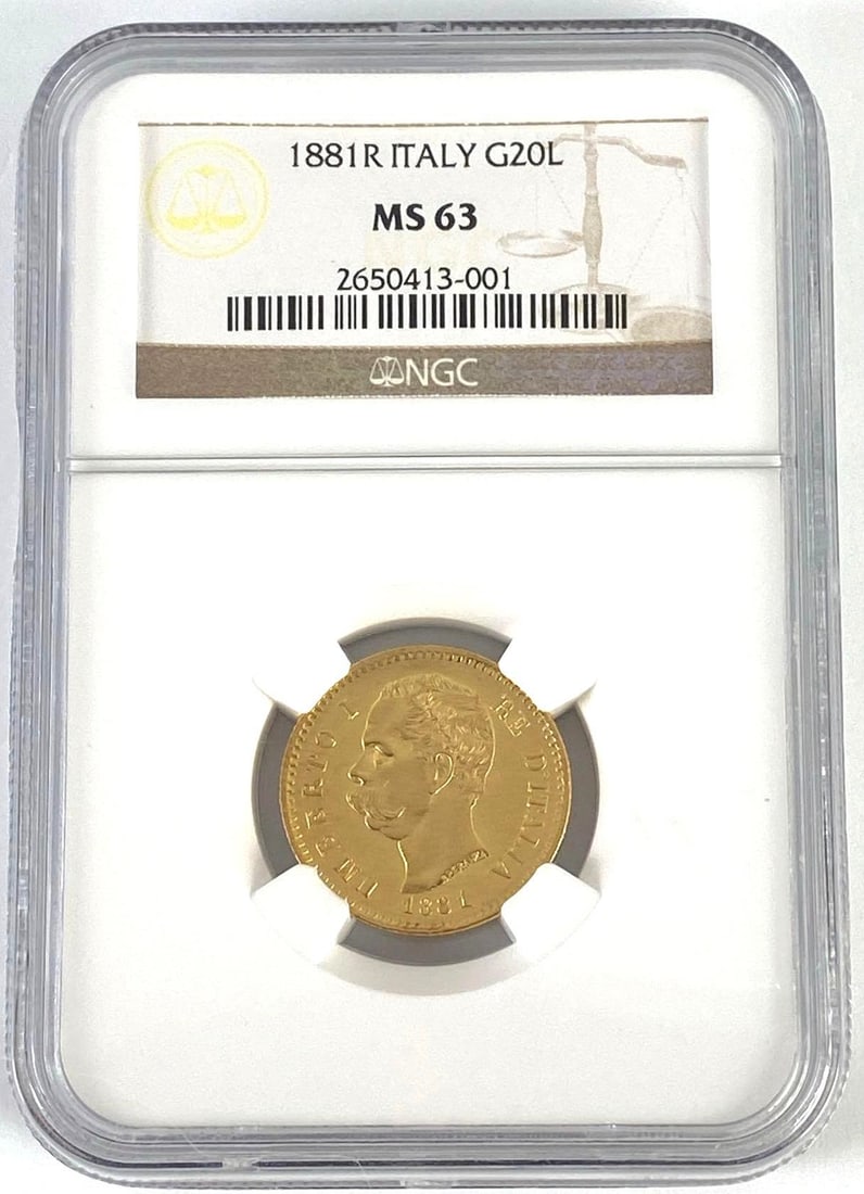 NCG Graded 1881-R 20 Lira Italy Umberto I Gold Coin MS63: NCG Graded 1881-R 20 Lira Italy Umberto I Gold Coin MS63