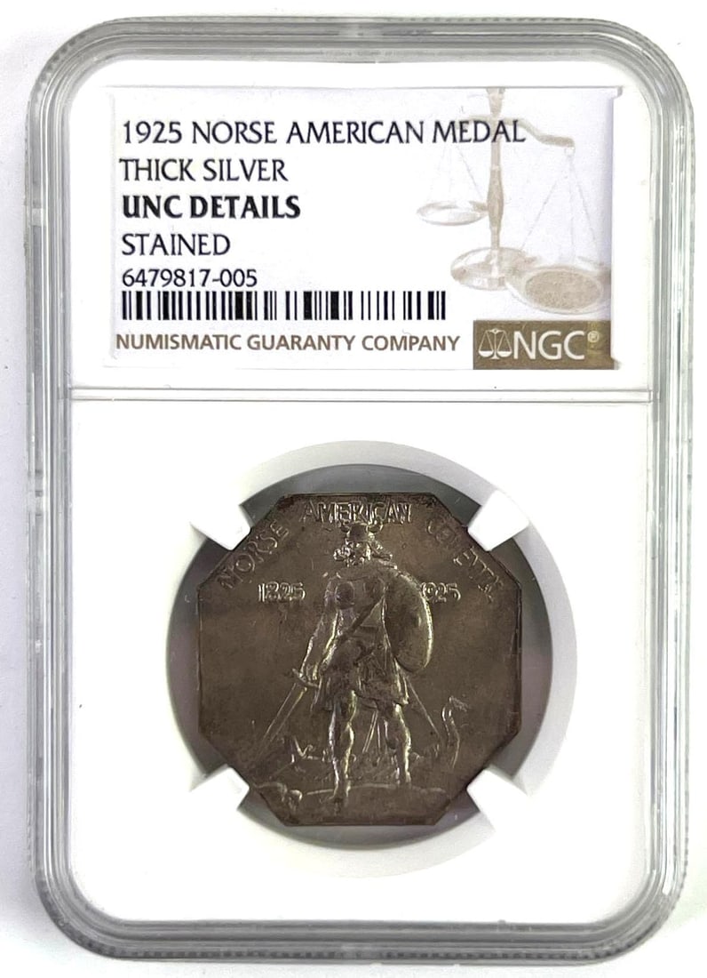 1925 Norse American Medal Thick Silver Commemorative Half Dollar NGC UNC Details: Stained