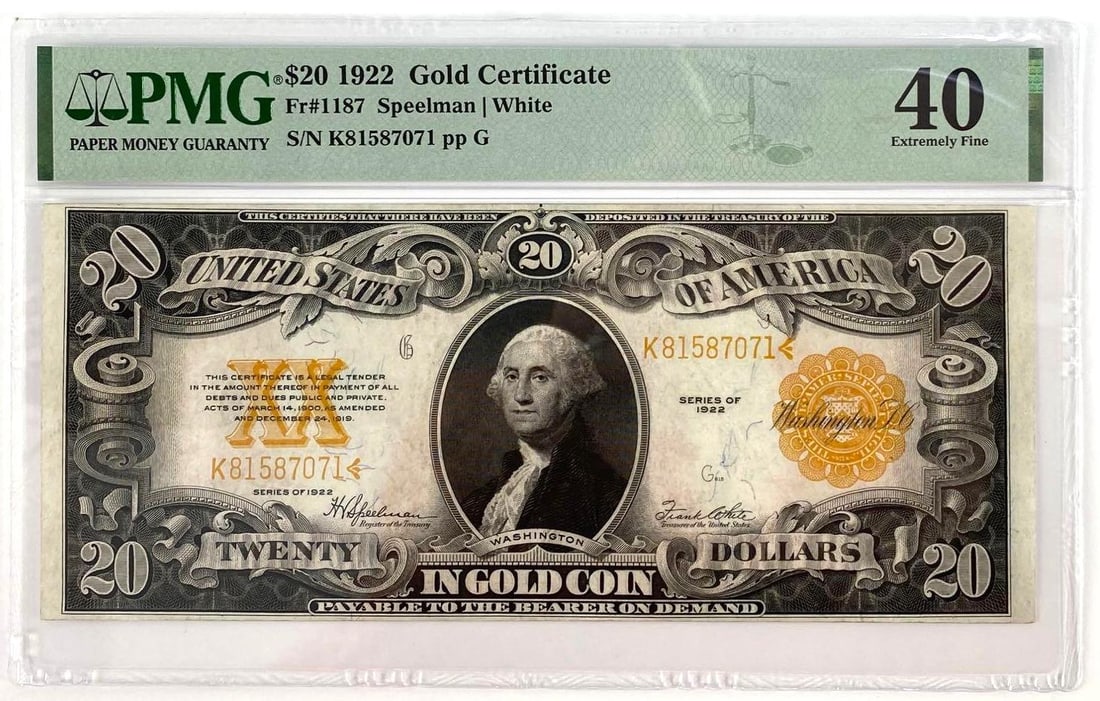 1922 $20 Gold Certificate (PMG) 40 EF: Fr #1187, Speelman and White, s/n K81587071, pp G