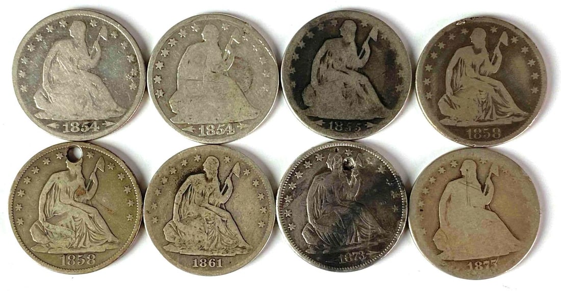 Group of (6) Seated Liberty Silver Half Dollars: Includes years 1854, 1875, 1861 and more.