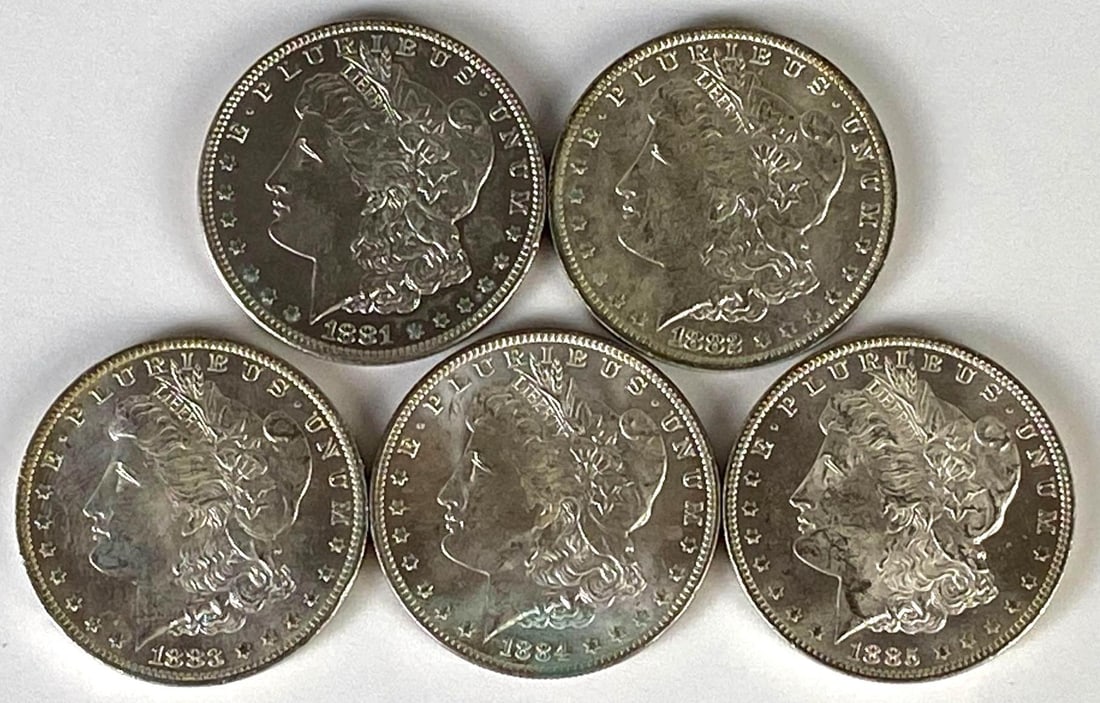 Group of (5) 1881-1885 US Morgan Silver Dollars: Includes 1881-O, 1882-O, 1883-O, 1884-O, and 1885-O.