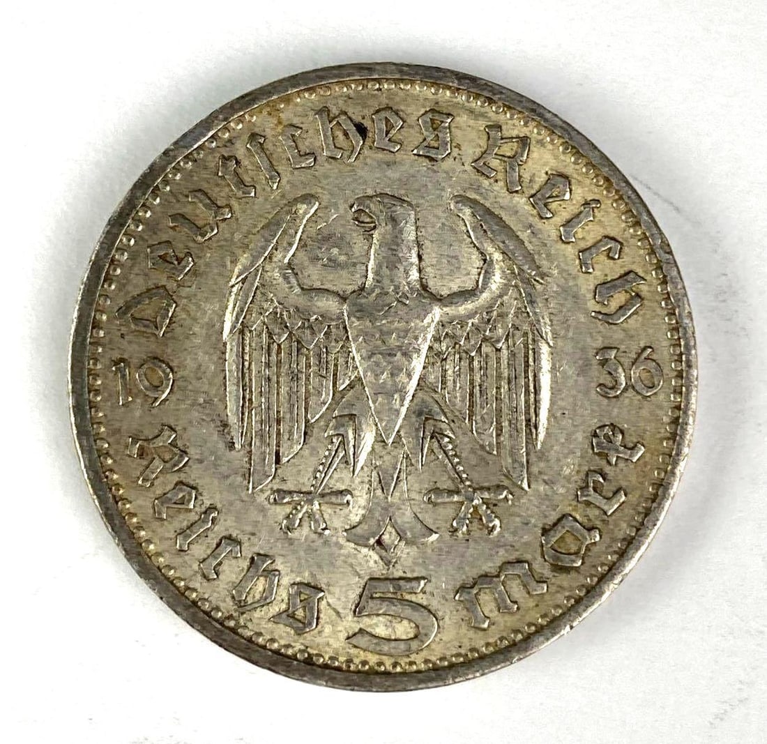 1936 WW2 German Paul von Hindenburg 5 Reichsmark 90% Silver Coin: 1936 WW2 German Paul von Hindenburg 5 Reichsmark 90% Silver Coin