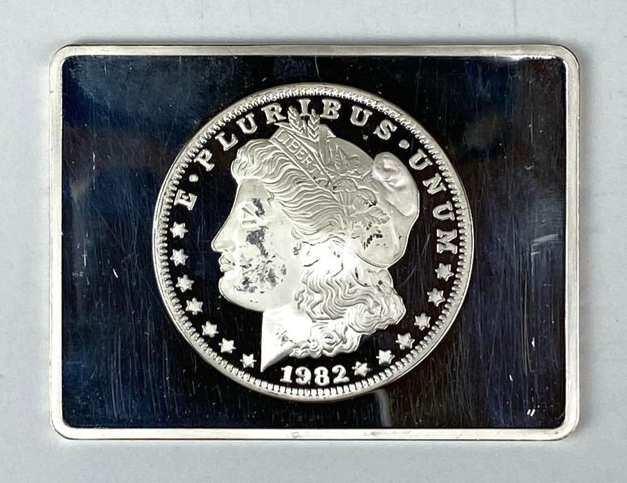 1982 Morgan Design 2 oz .999 Silver Ingot/ Bar: 1982 Morgan Design 2 oz .999 Silver Ingot/ Bar