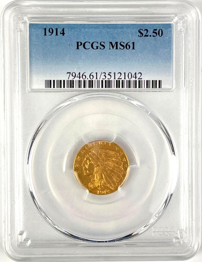 1914 US $2.50 Indian Head Gold Coin PCGS MS61 (1 of 2)