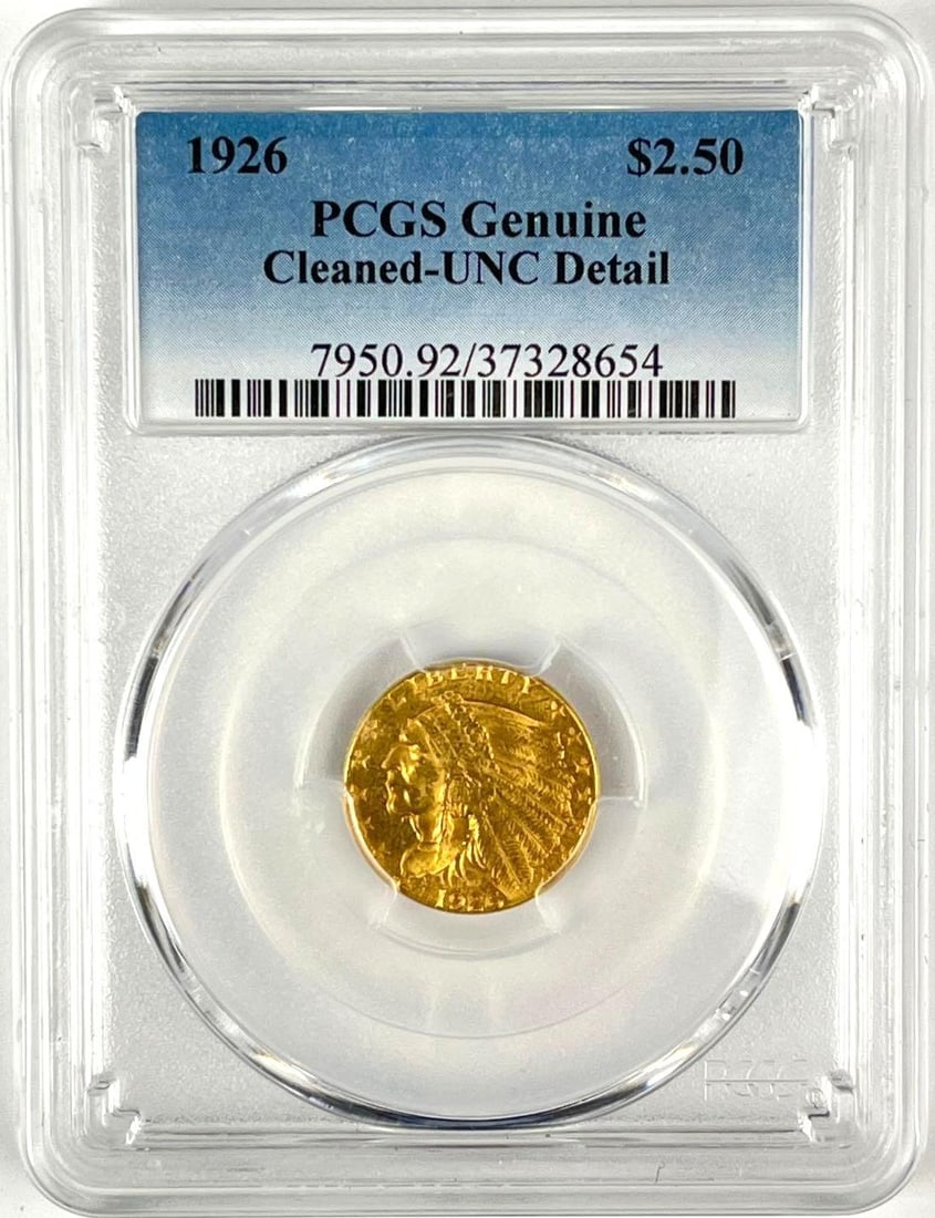 1926 US $2.50 Indian Head Gold Coin PCGS Genuine Cleaned-UNC Detail: 1926 US $2.50 Indian Head Gold Coin PCGS Genuine Cleaned-UNC Detail