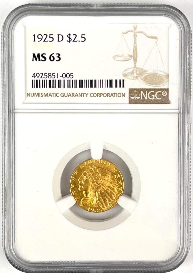 1925 D US $2.50 Indian Head Gold Coin NGC MS63: 1925 D US $2.50 Indian Head Gold Coin NGC MS63