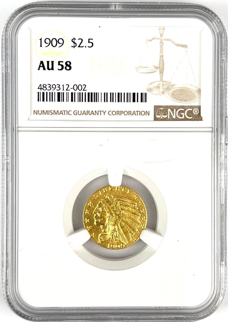 1909 US $2.50 Indian Head Gold Coin NGC AU 58: 1909 US $2.50 Indian Head Gold Coin NGC AU 58
