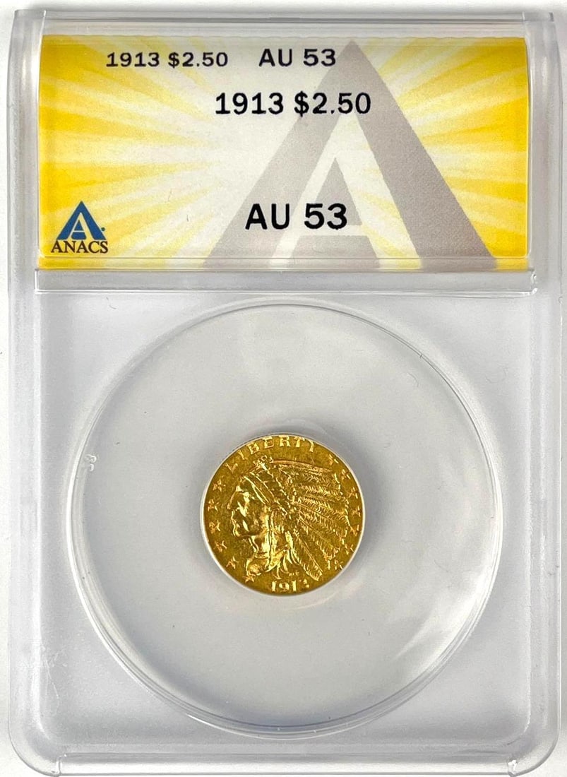 1913 US $2.50 Indian Head Gold Coin ANACS AU 53 (1 of 2)