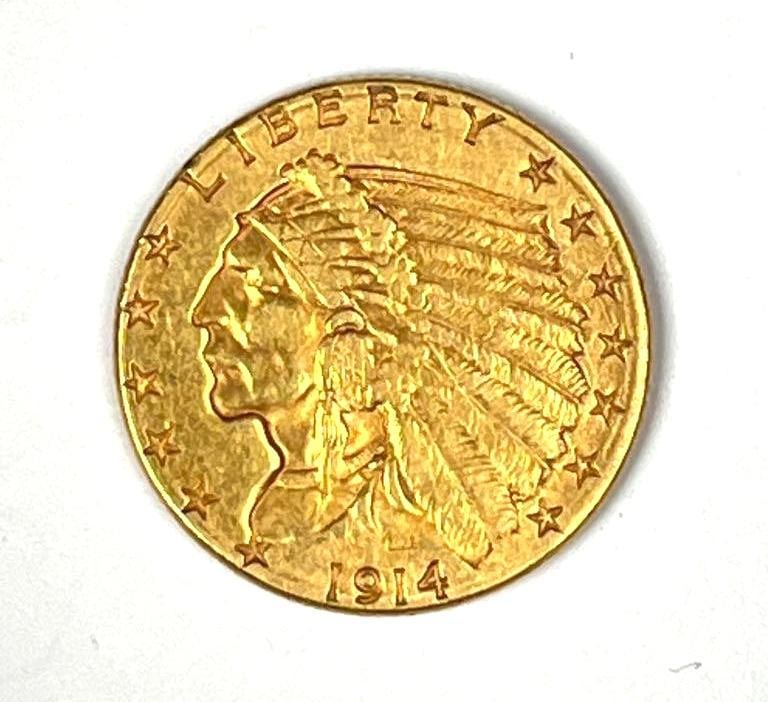 1914 D US $2.50 Indian Head Gold Coin: 1914 D US $2.50 Indian Head Gold Coin