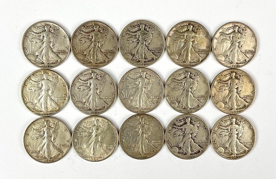 Group of 15 US Walking Liberty Half Dollars: Includes years 1945, 1942, 1941 and more.