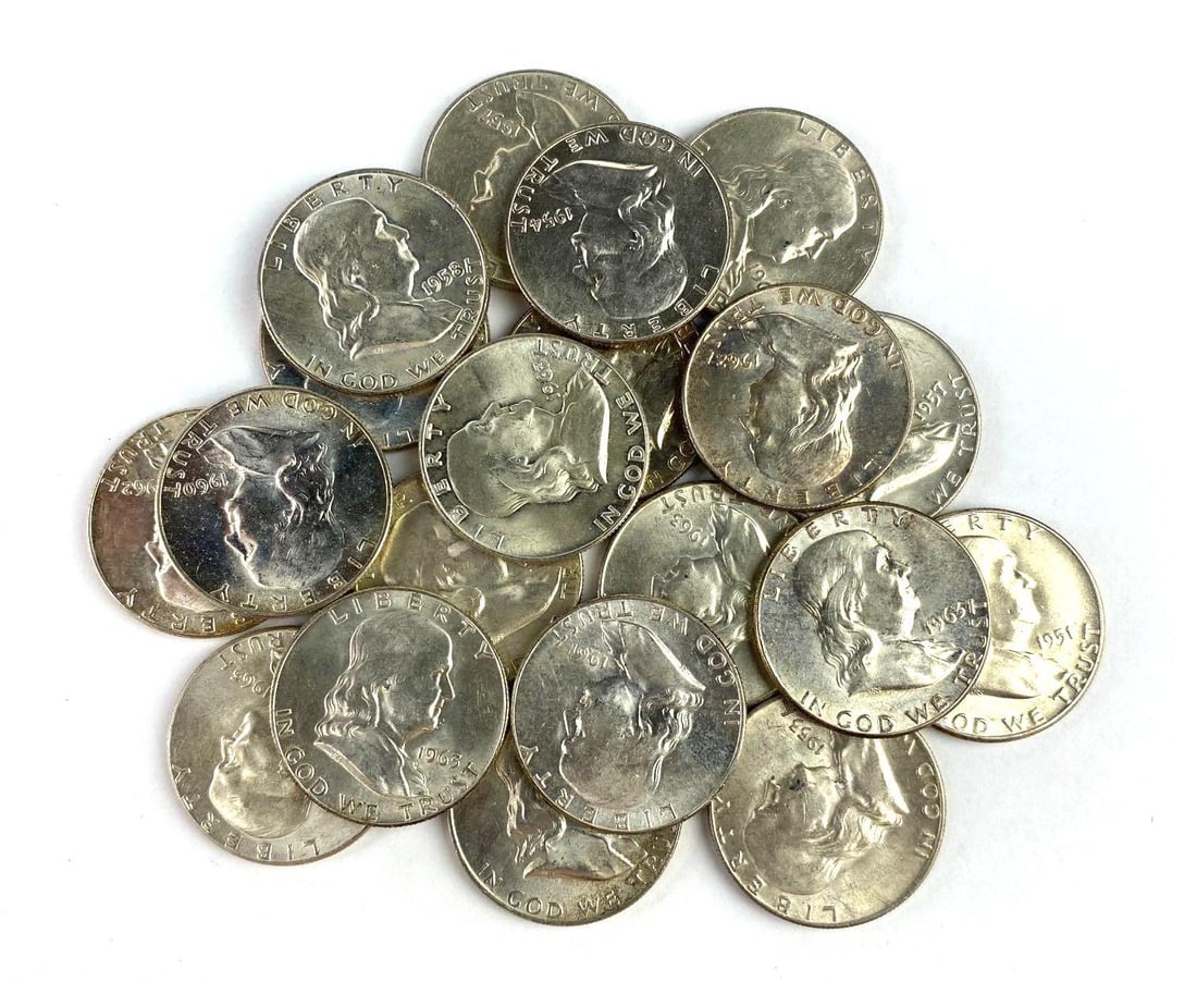 Group of 20 BU US Franklin Silver Half Dollars: Includes years 1958, 1959, and more.