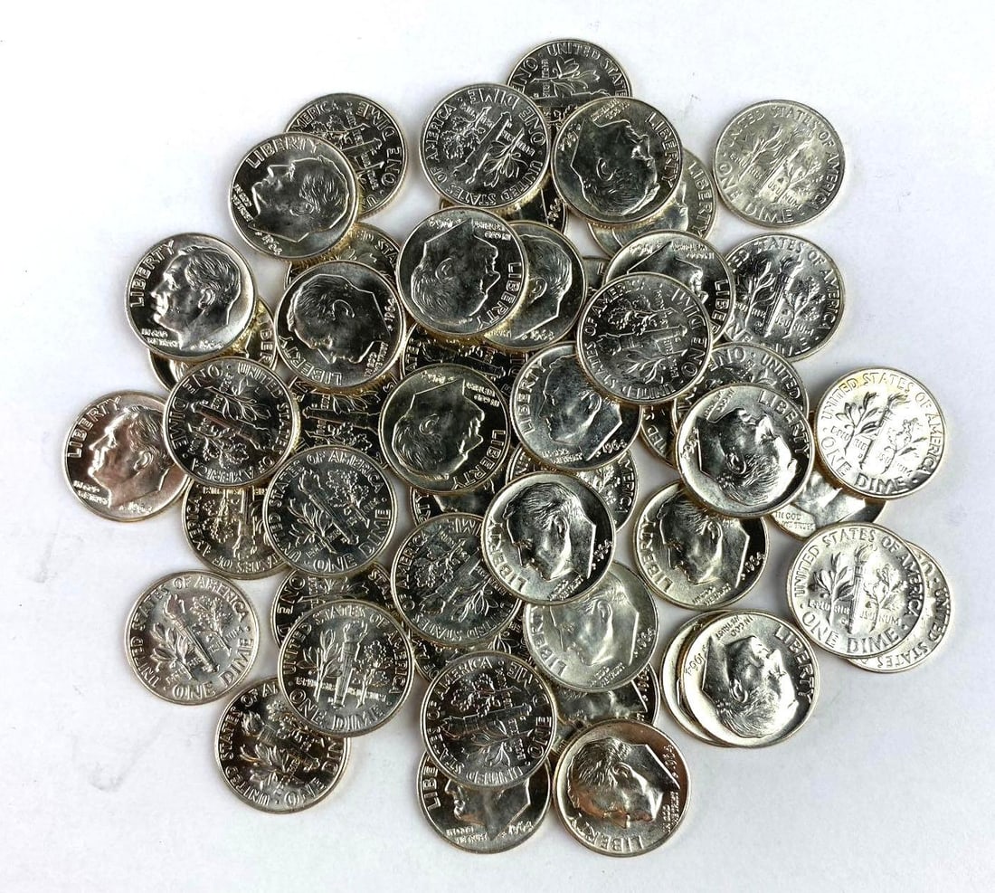 Group of 50 BU 1964 US Roosevelt Silver Dimes: Group of 50 1964 US Roosevelt Silver Dimes