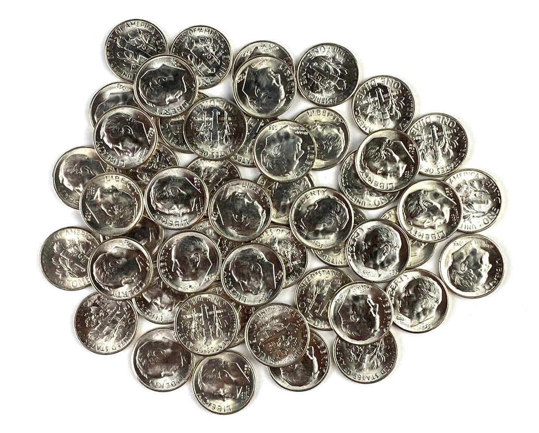 Group of 50 BU 1955 US Roosevelt Silver Dimes (1 of 1)