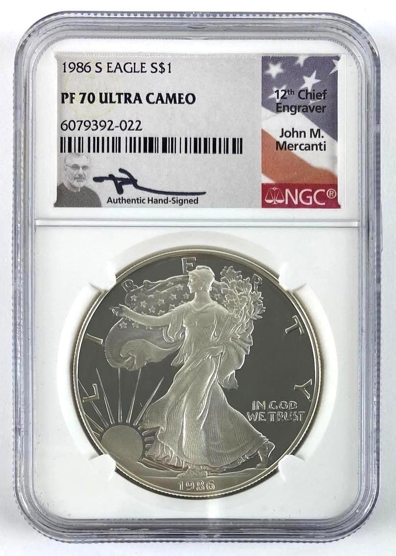 1986 S American Silver Eagle 1oz. (NGC) PF70 ULTRA CAMEO: John Mercanti Signed