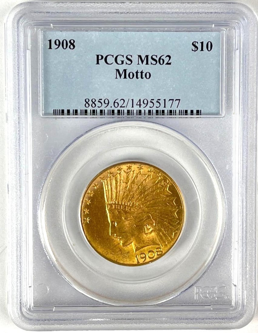 1908 US $10 Indian Head Gold Coin PCGS MS62 Motto: 1908 US $10 Indian Head Gold Coin PCGS MS62 Motto