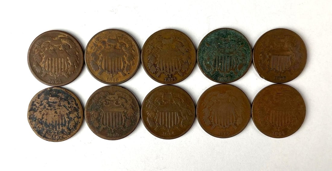 Group of 10 US 2 Cent Pieces: Includes years 1864, 1871, 1866 and more.