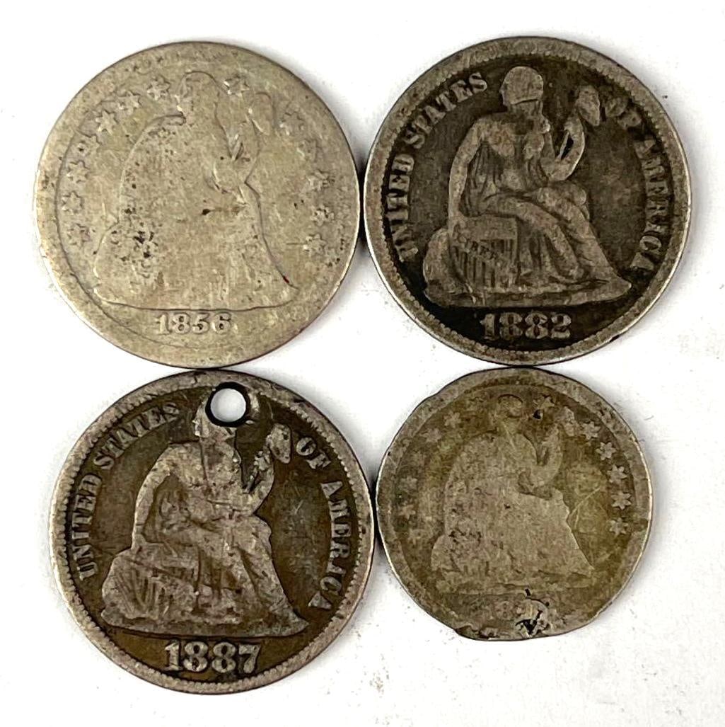 Group of 4 US Seated Liberty Coins: Includes 3 Dimes and 1 Half Dime.